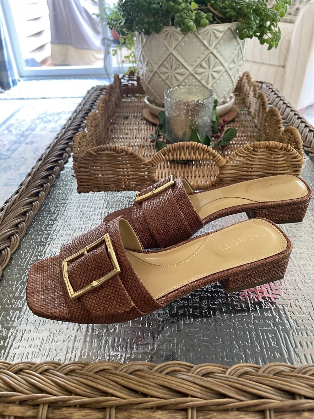 Talbots Brown Woven Slide Sandals with Gold Buckles - Picture 2 of 6